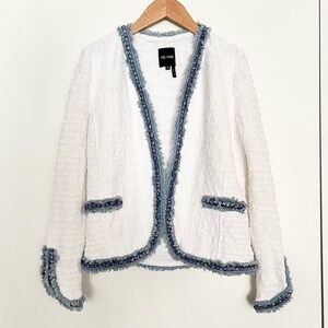 Nic+Zoe Bright Side Women's Fringed Tweed Blazer Jacket XS White Blue Cropped